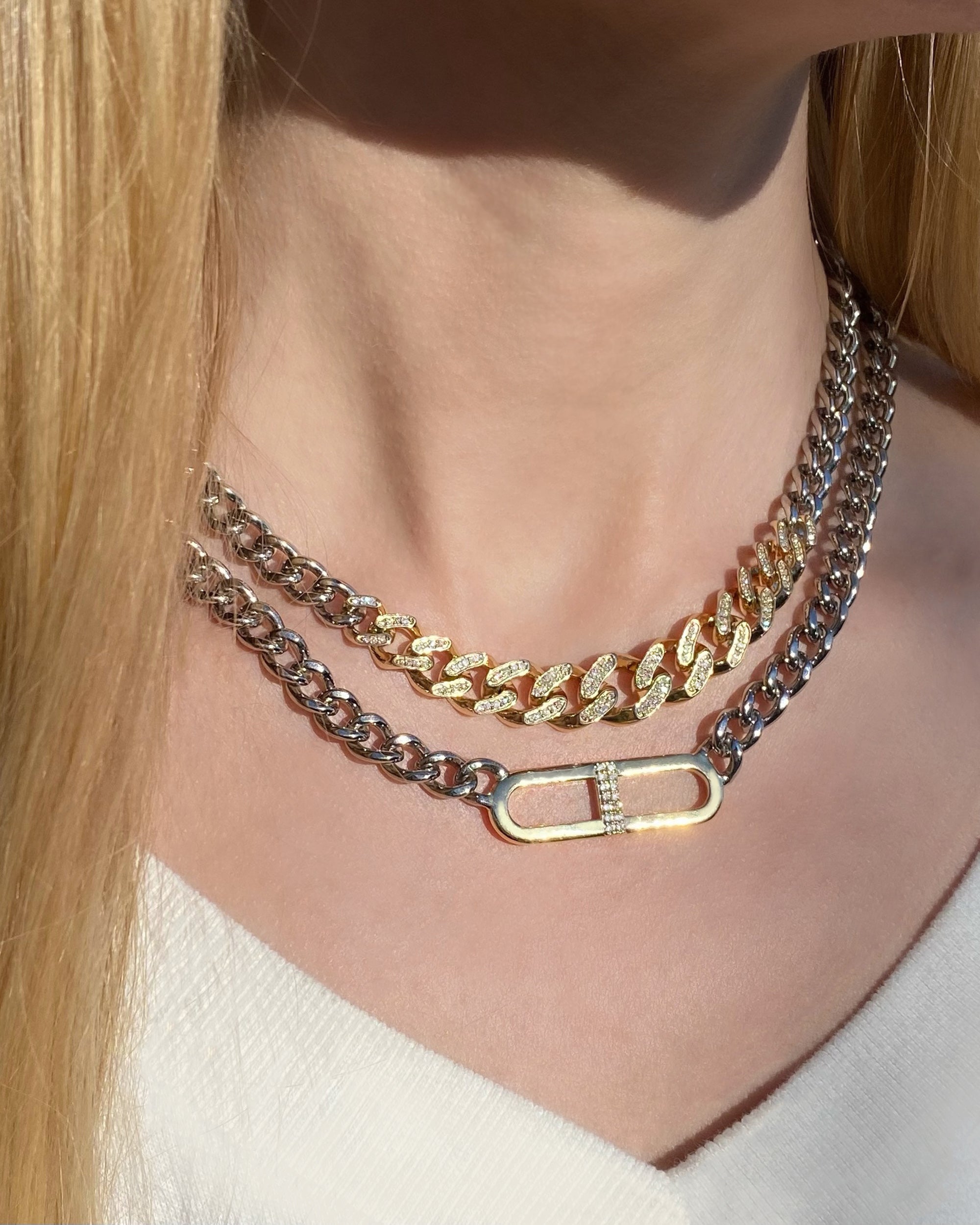 Two-Tone H-Link Flat Curb Chain Necklace