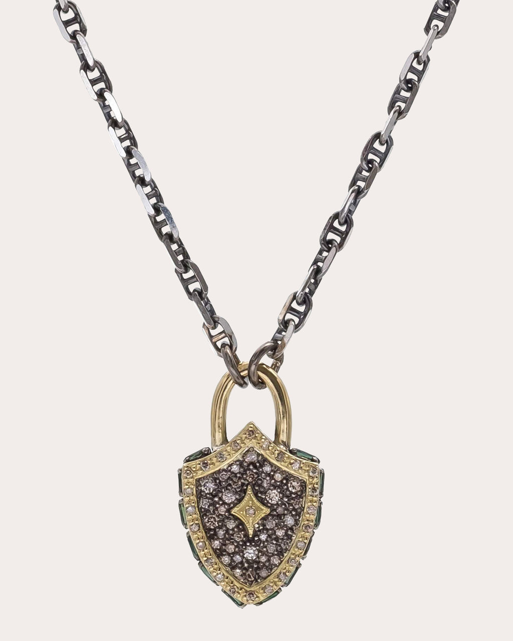 Protection Shield Blackened Sterling Silver 18K Gold Diamond Pendant Necklace