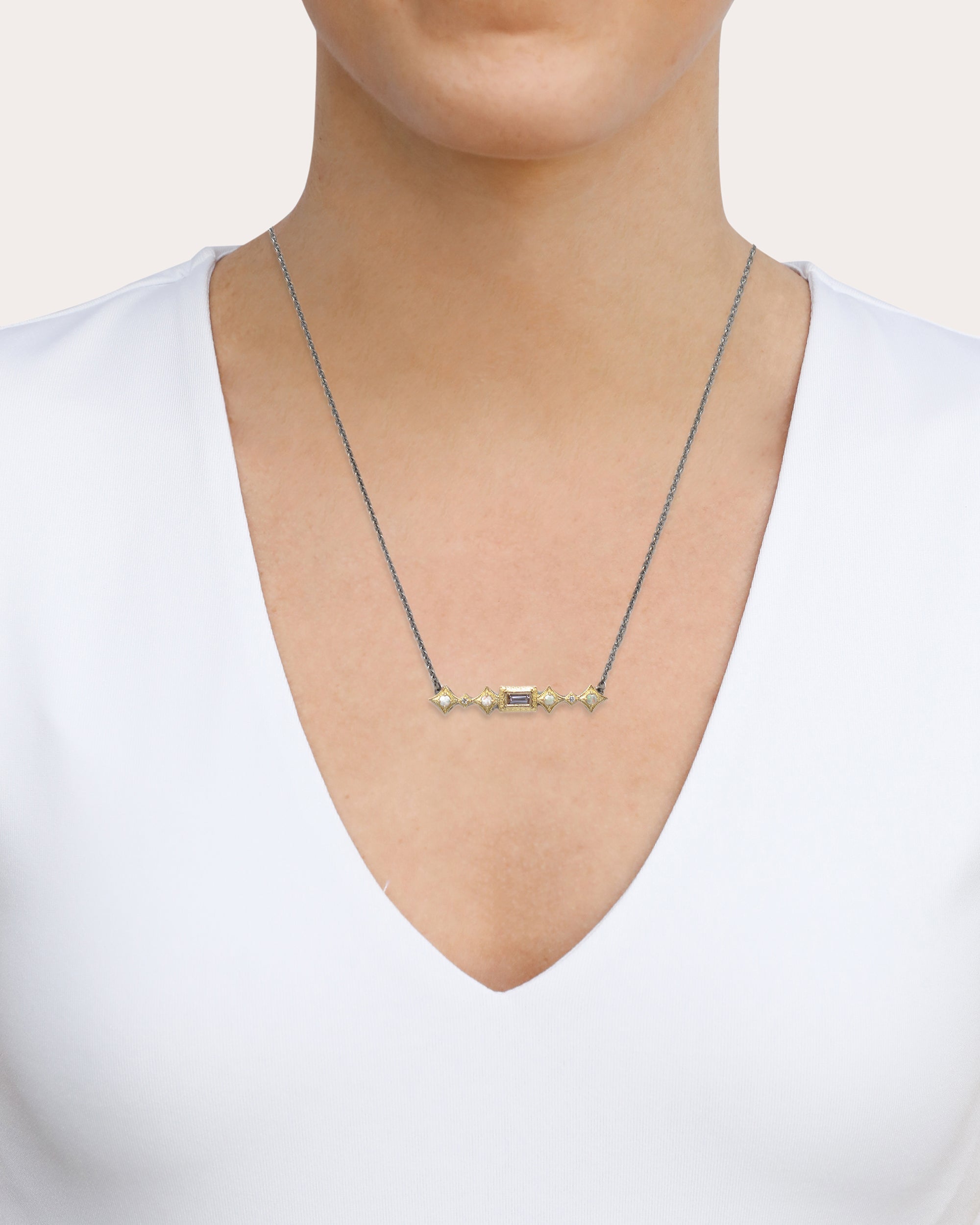 18K Gold Sterling Silver Opal Morganite and Diamond Crivelli Necklace