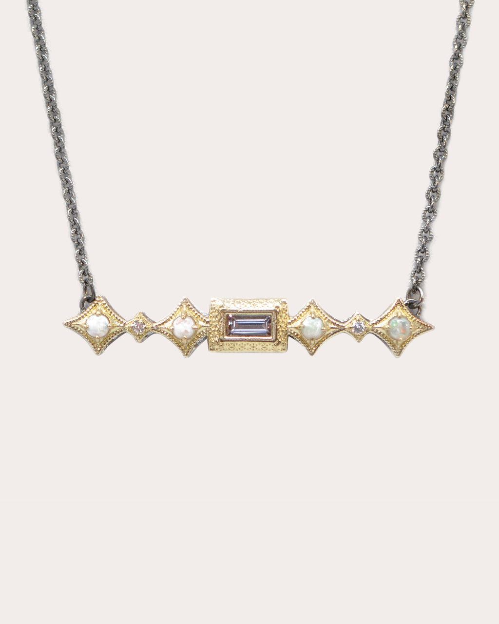 18K Gold Sterling Silver Opal Morganite and Diamond Crivelli Necklace