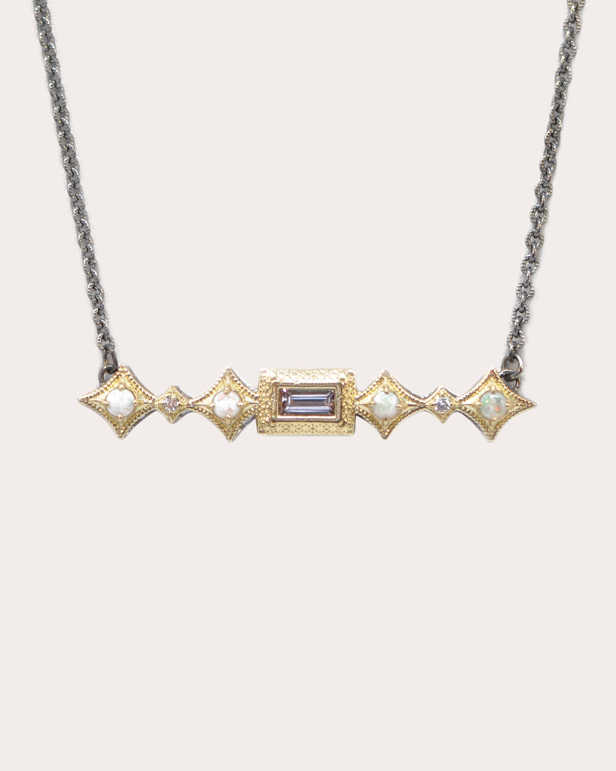 18K Gold Sterling Silver Opal Morganite and Diamond Crivelli Necklace
