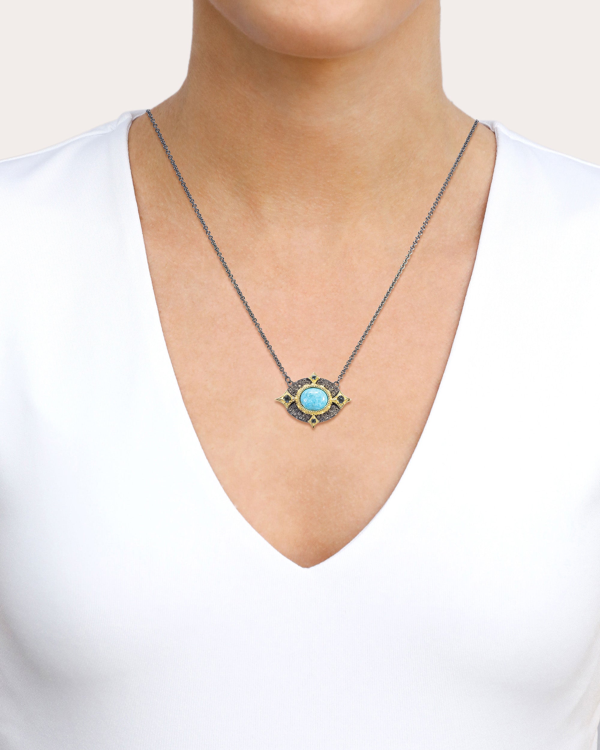 18K Gold Blackened Sterling Silver Turquoise Topaz and Diamond Pendant Necklace