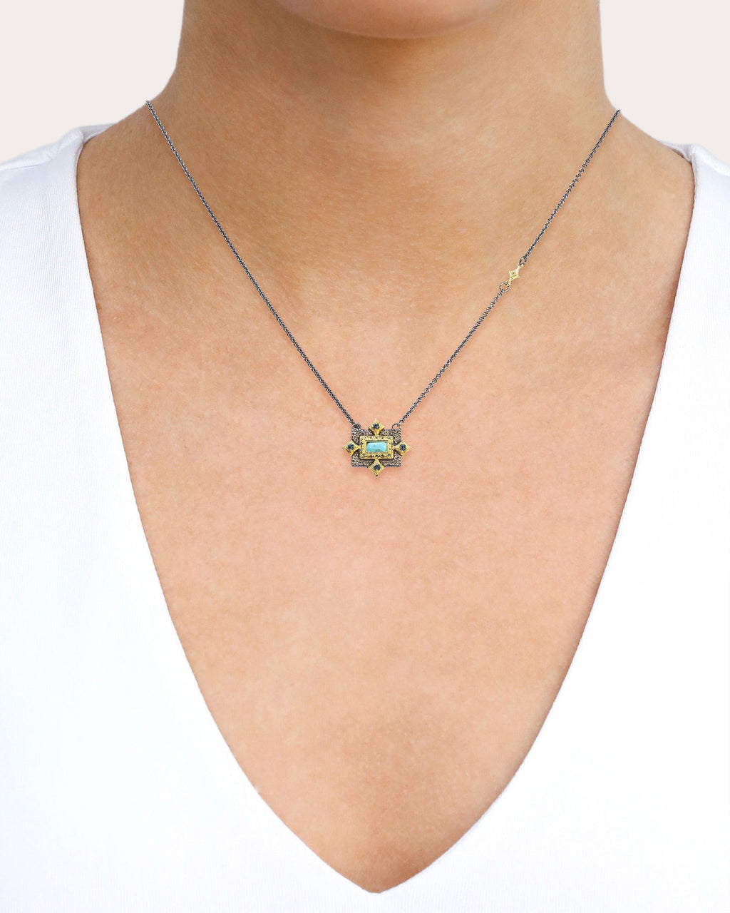 18K Gold Blackened Sterling Silver Turquoise Topaz and Diamond Pendant Necklace