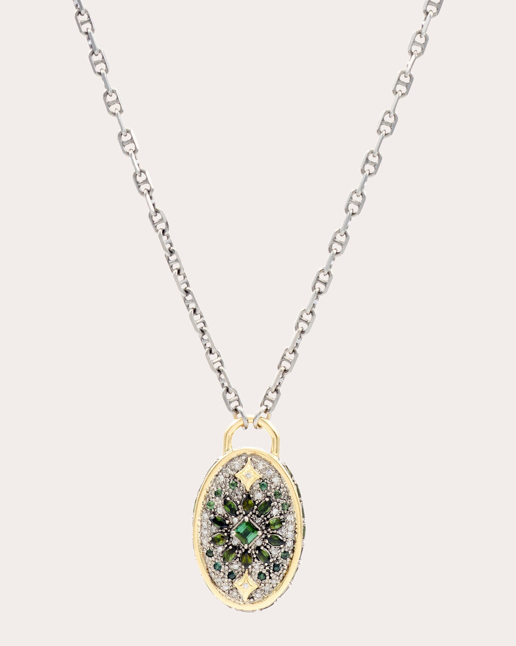 Shield Sterling Silver 18K Gold Tourmaline and Diamond Pendant Necklace