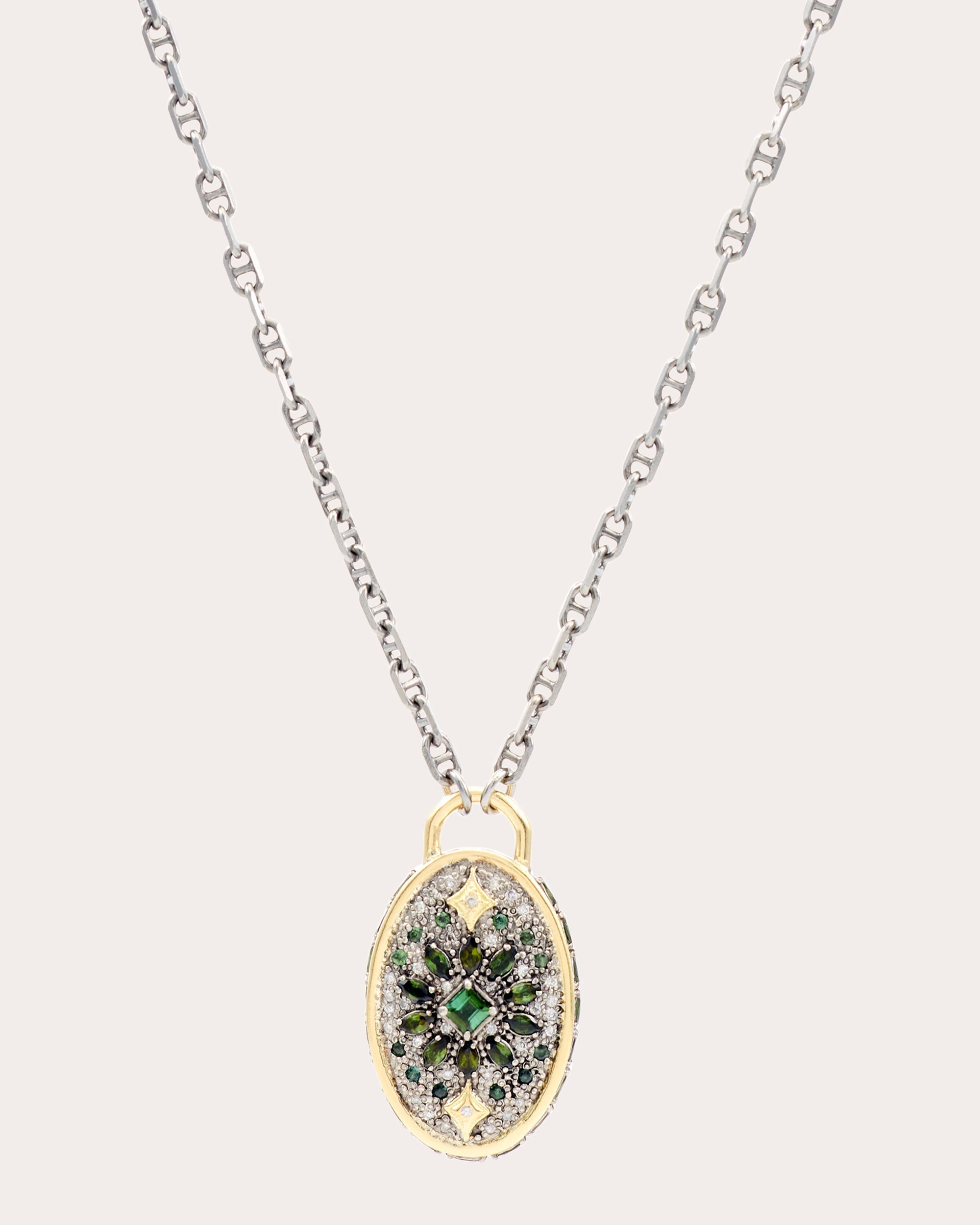 Shield Sterling Silver 18K Gold Tourmaline and Diamond Pendant Necklace