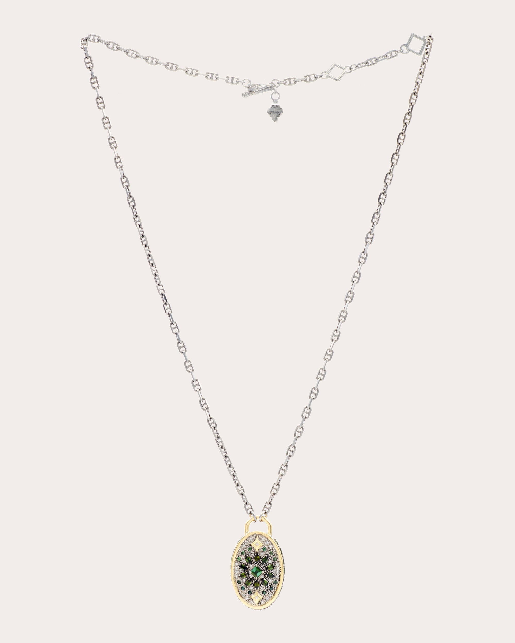 Shield Sterling Silver 18K Gold Tourmaline and Diamond Pendant Necklace