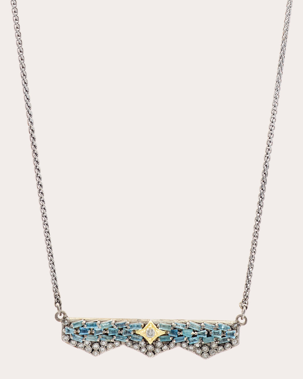 Sterling Silver 18K Gold Aquamarine and Diamond Bar Necklace