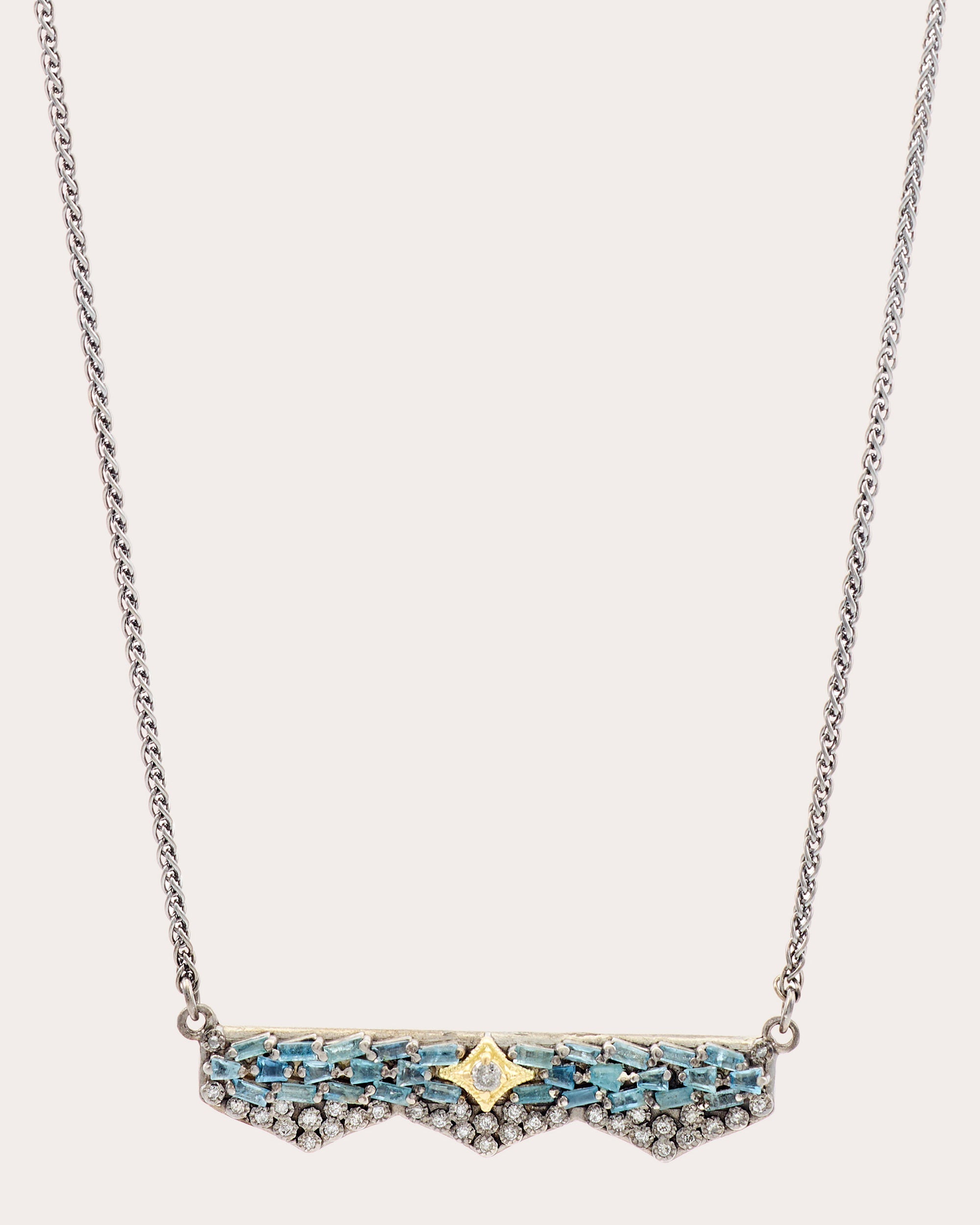 Sterling Silver 18K Gold Aquamarine and Diamond Bar Necklace