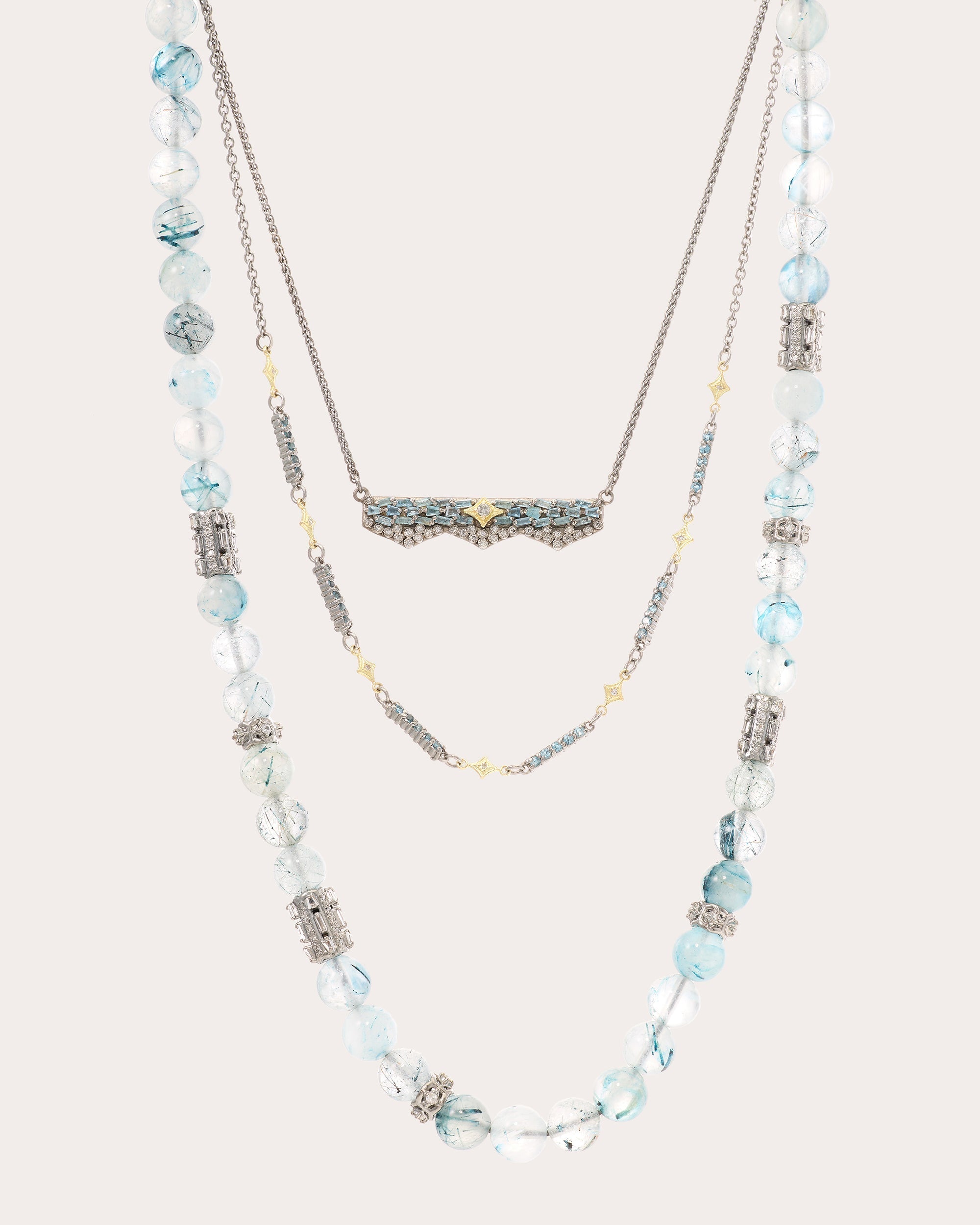 Sterling Silver 18K Gold Aquamarine and Diamond Bar Necklace