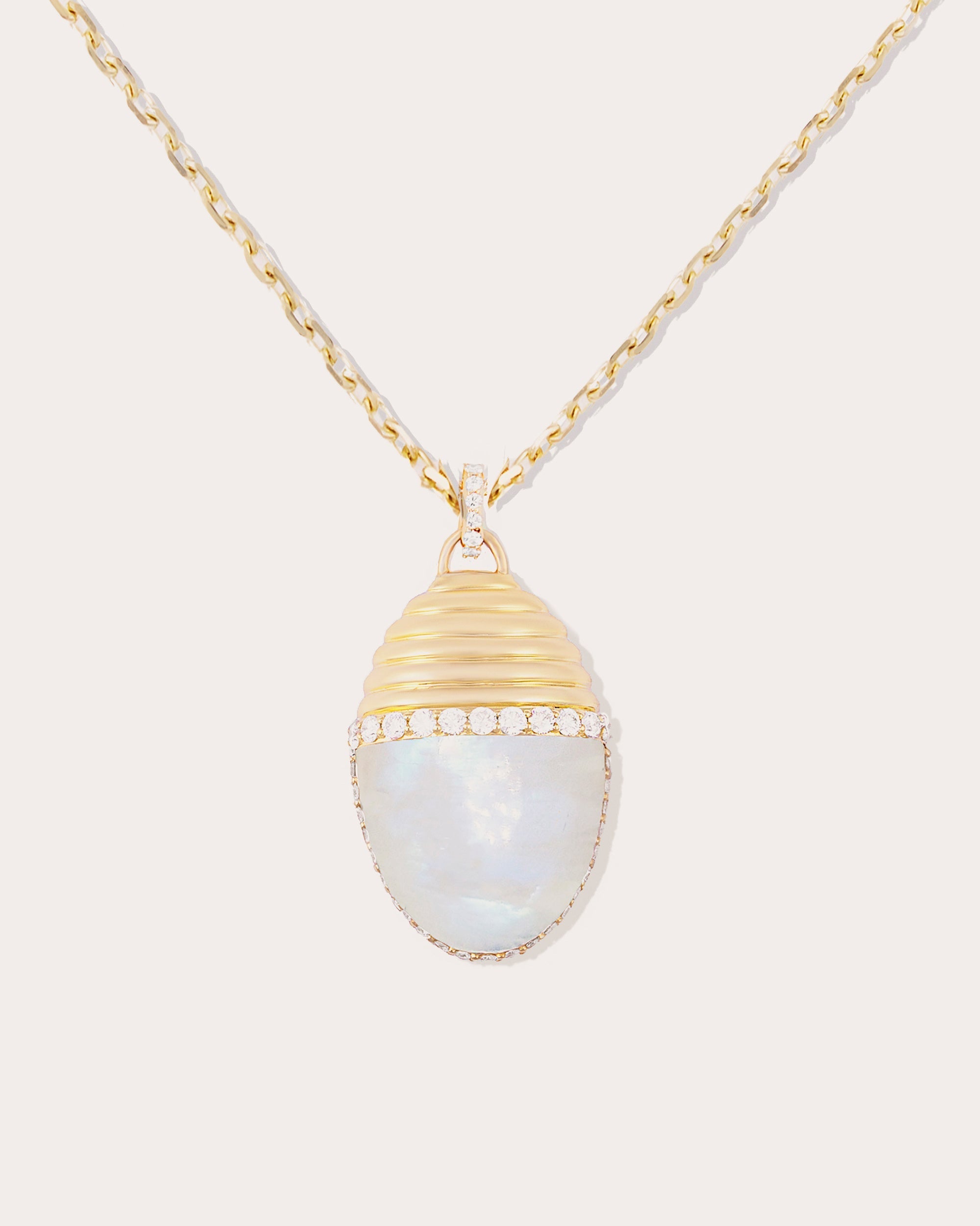 Found Cap Large 14K Gold Moonstone and Diamond Pendant Necklace