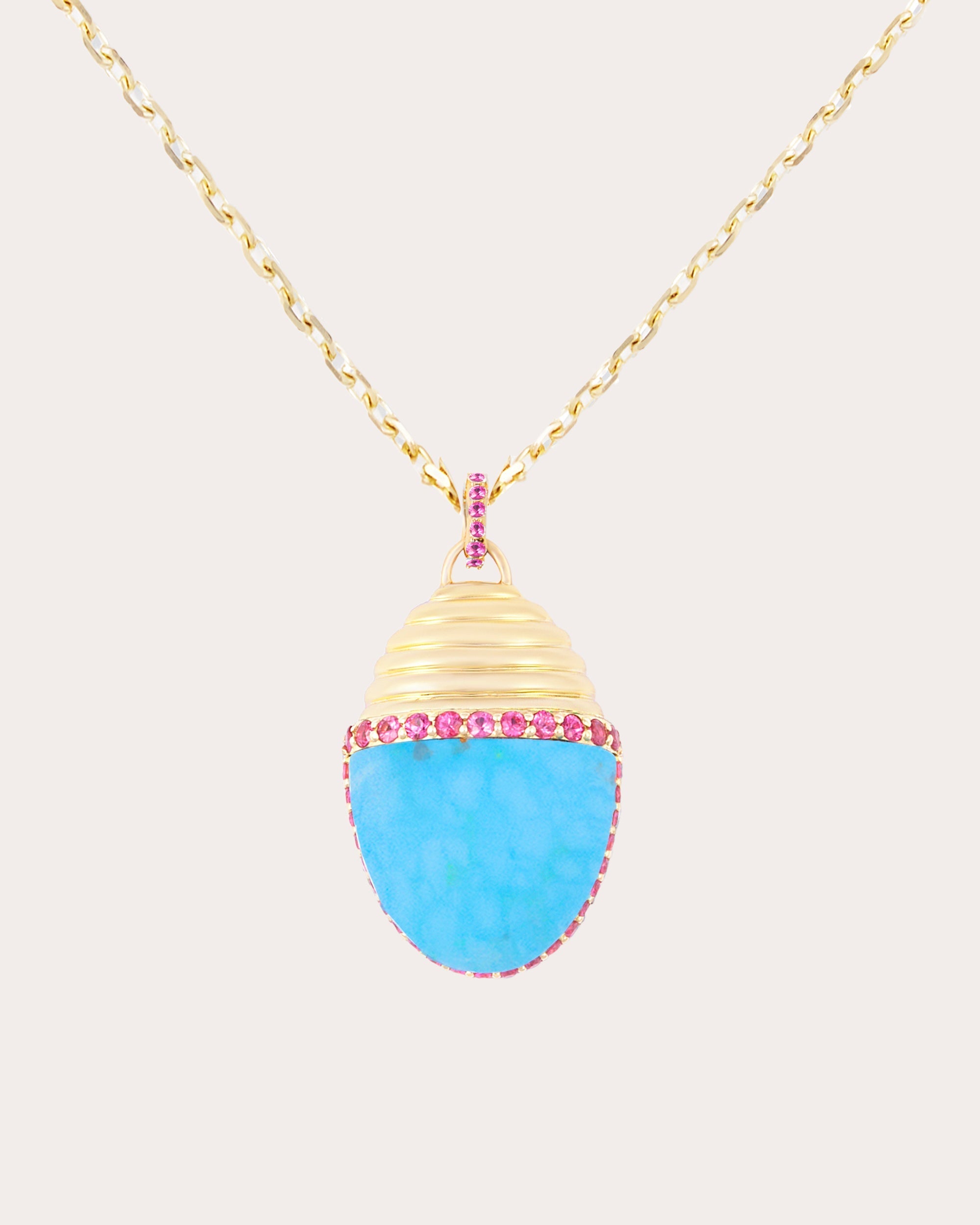 Found Cap Large 14K Gold Turquoise and Pink Sapphire Pendant Necklace