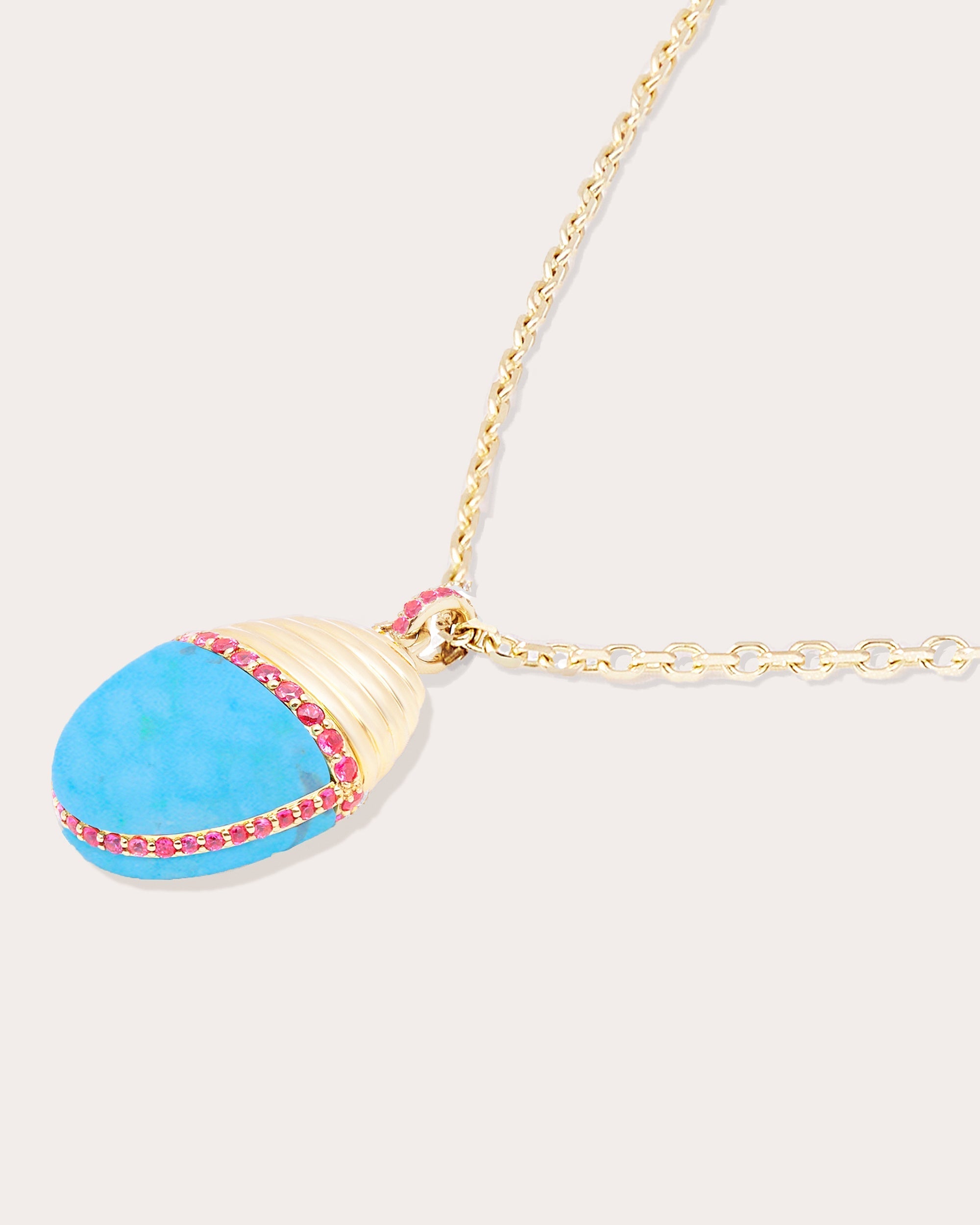 Found Cap Large 14K Gold Turquoise and Pink Sapphire Pendant Necklace