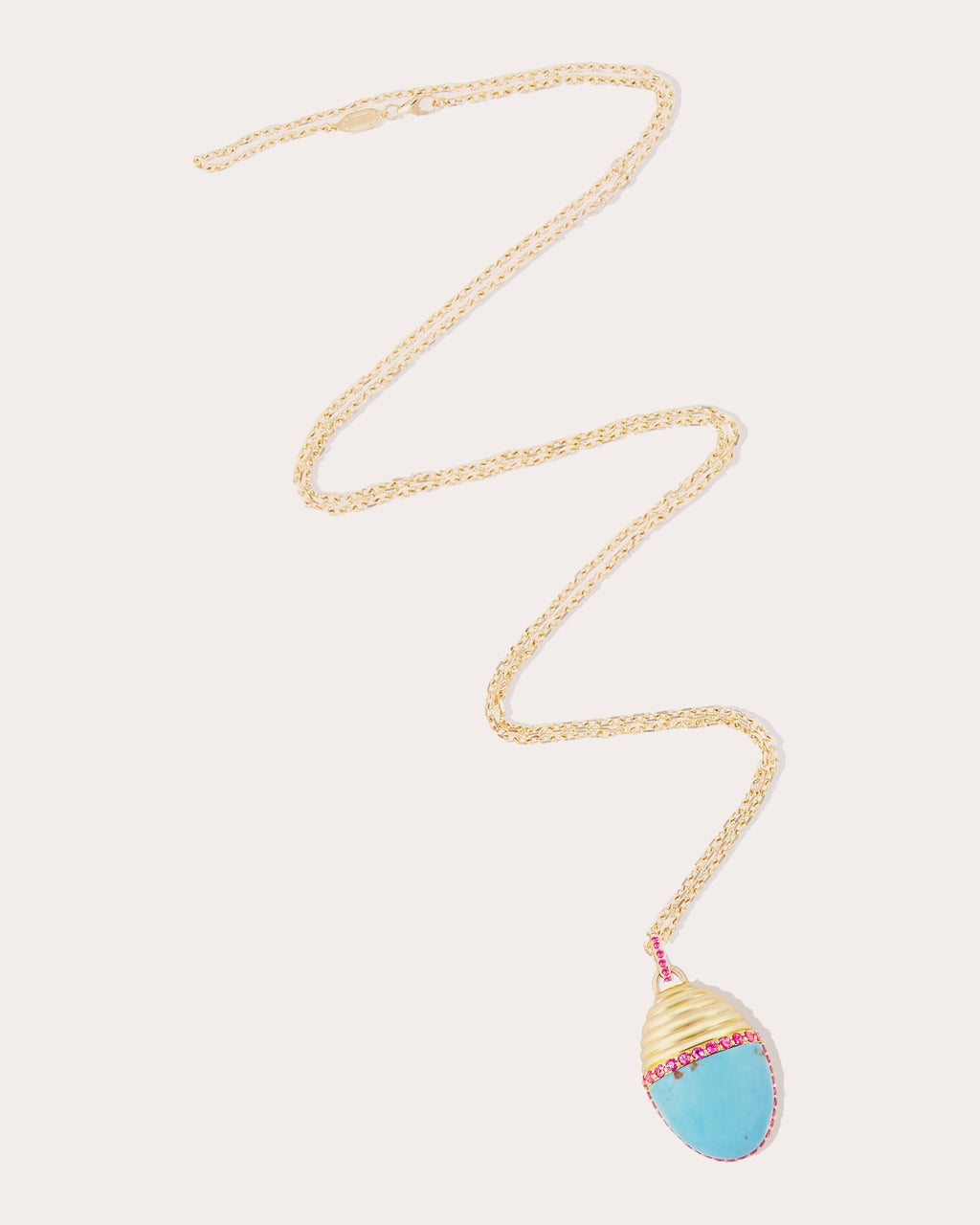 Found Cap Large 14K Gold Turquoise and Pink Sapphire Pendant Necklace