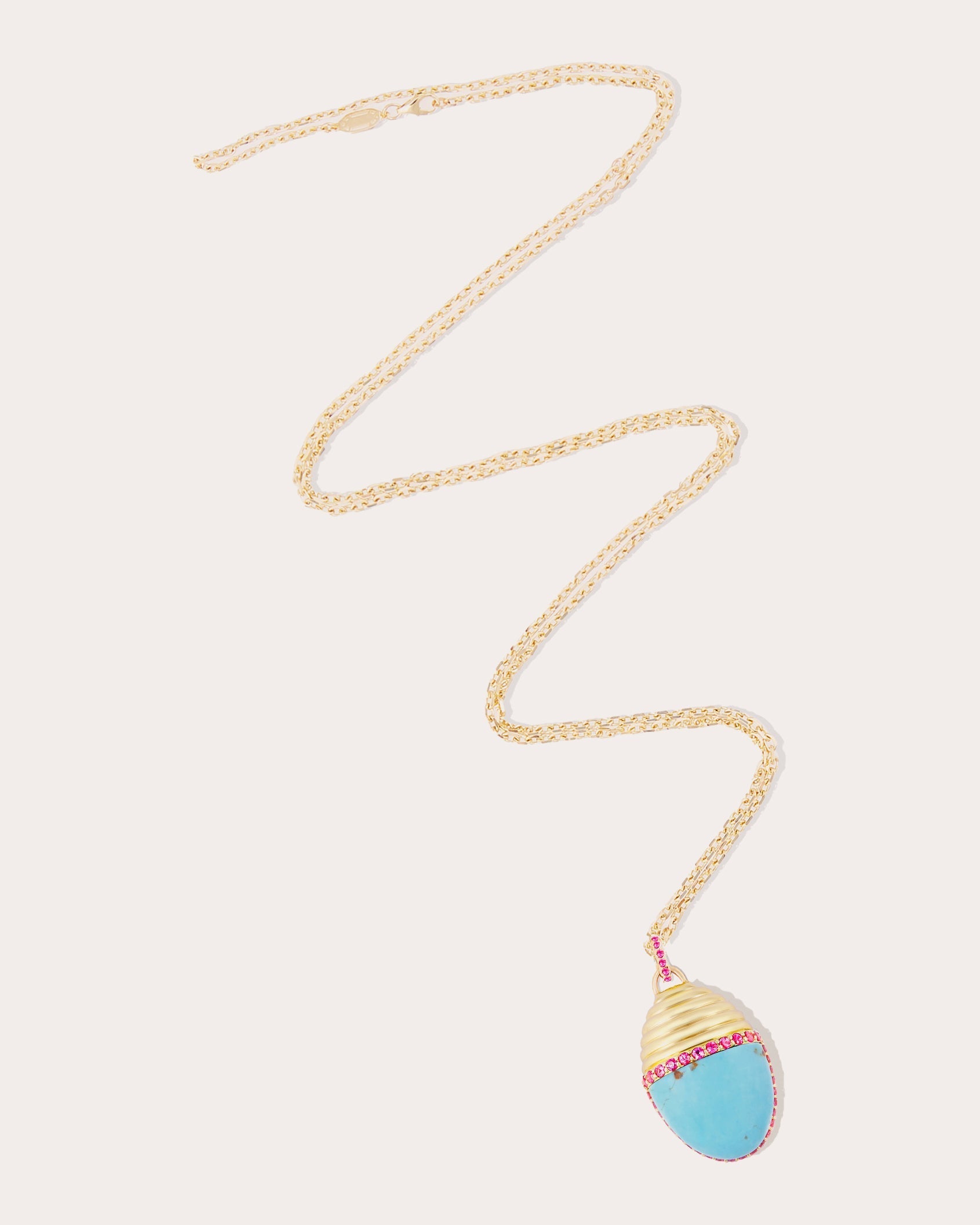 Found Cap Large 14K Gold Turquoise and Pink Sapphire Pendant Necklace