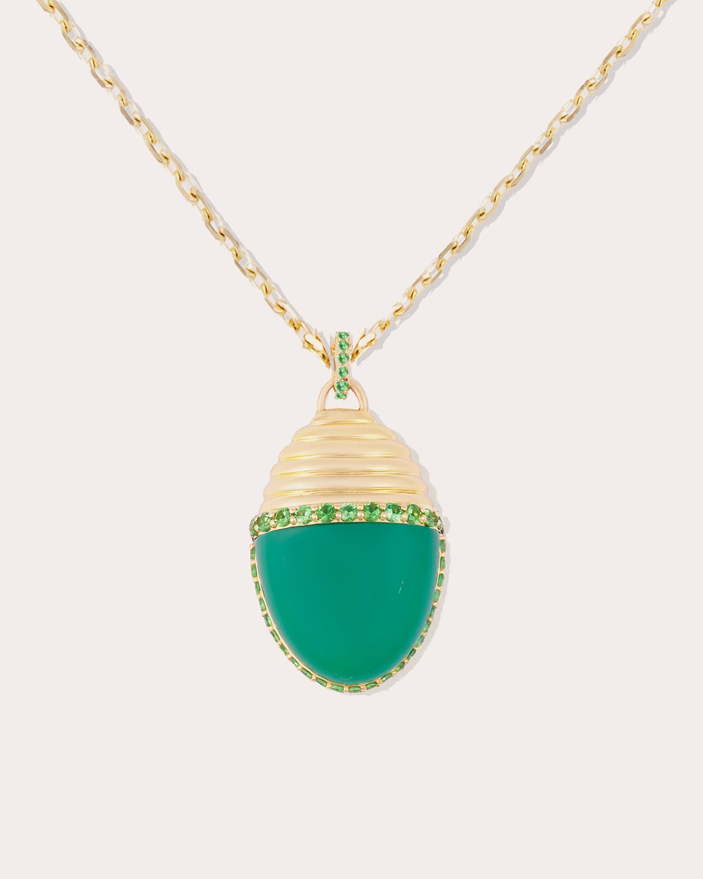 Found Cap Large 14K Gold Chrysoprase and Tsavorite Pendant Necklace