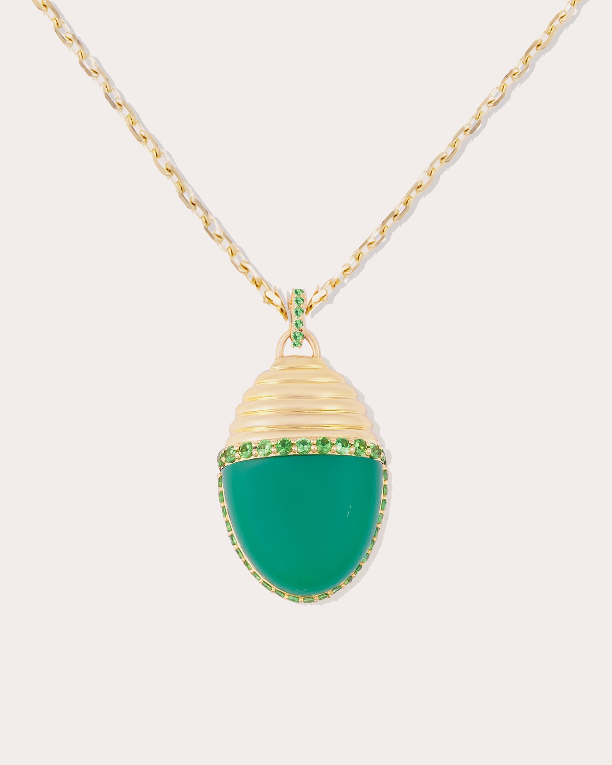 Found Cap Large 14K Gold Chrysoprase and Tsavorite Pendant Necklace