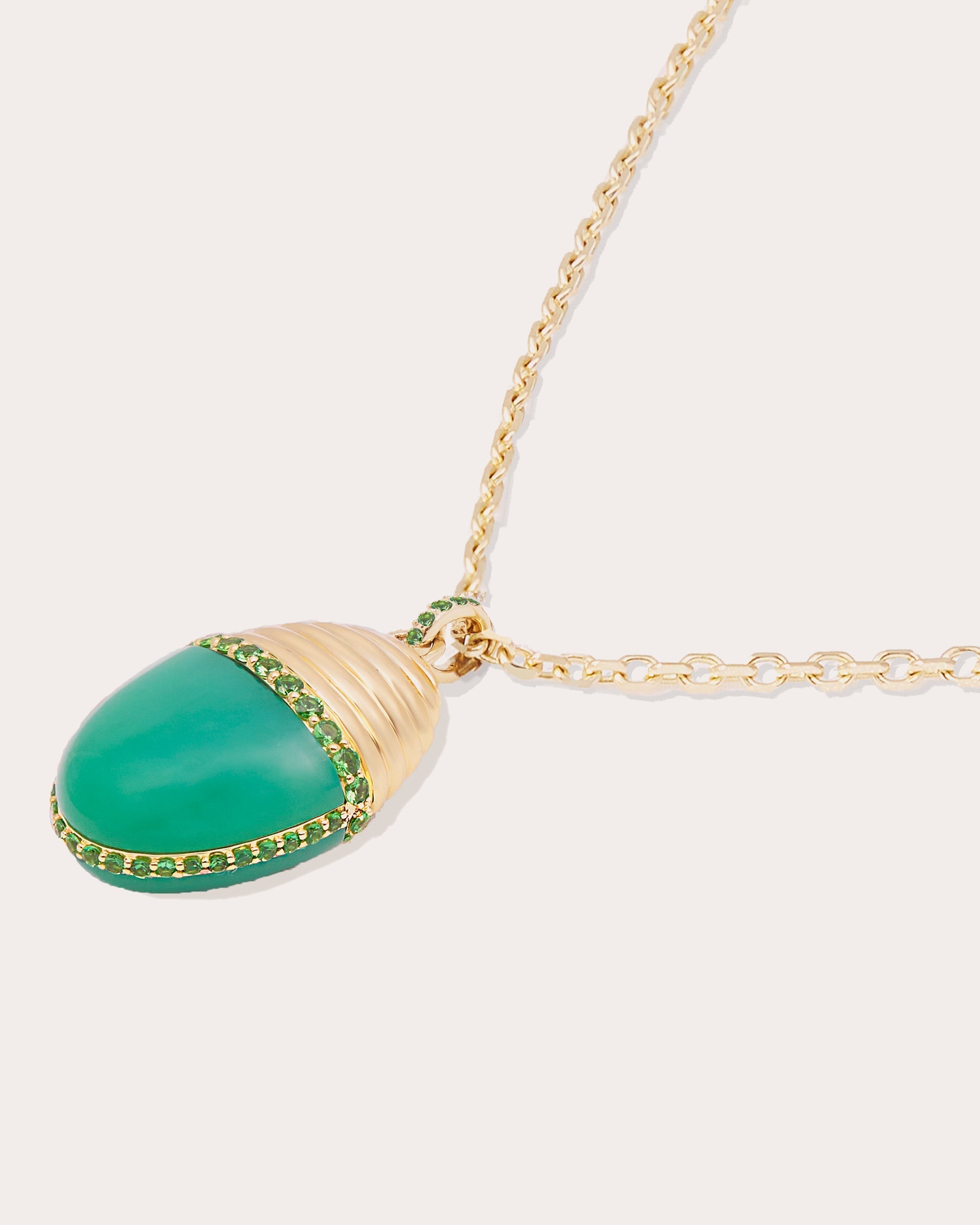 Found Cap Large 14K Gold Chrysoprase and Tsavorite Pendant Necklace