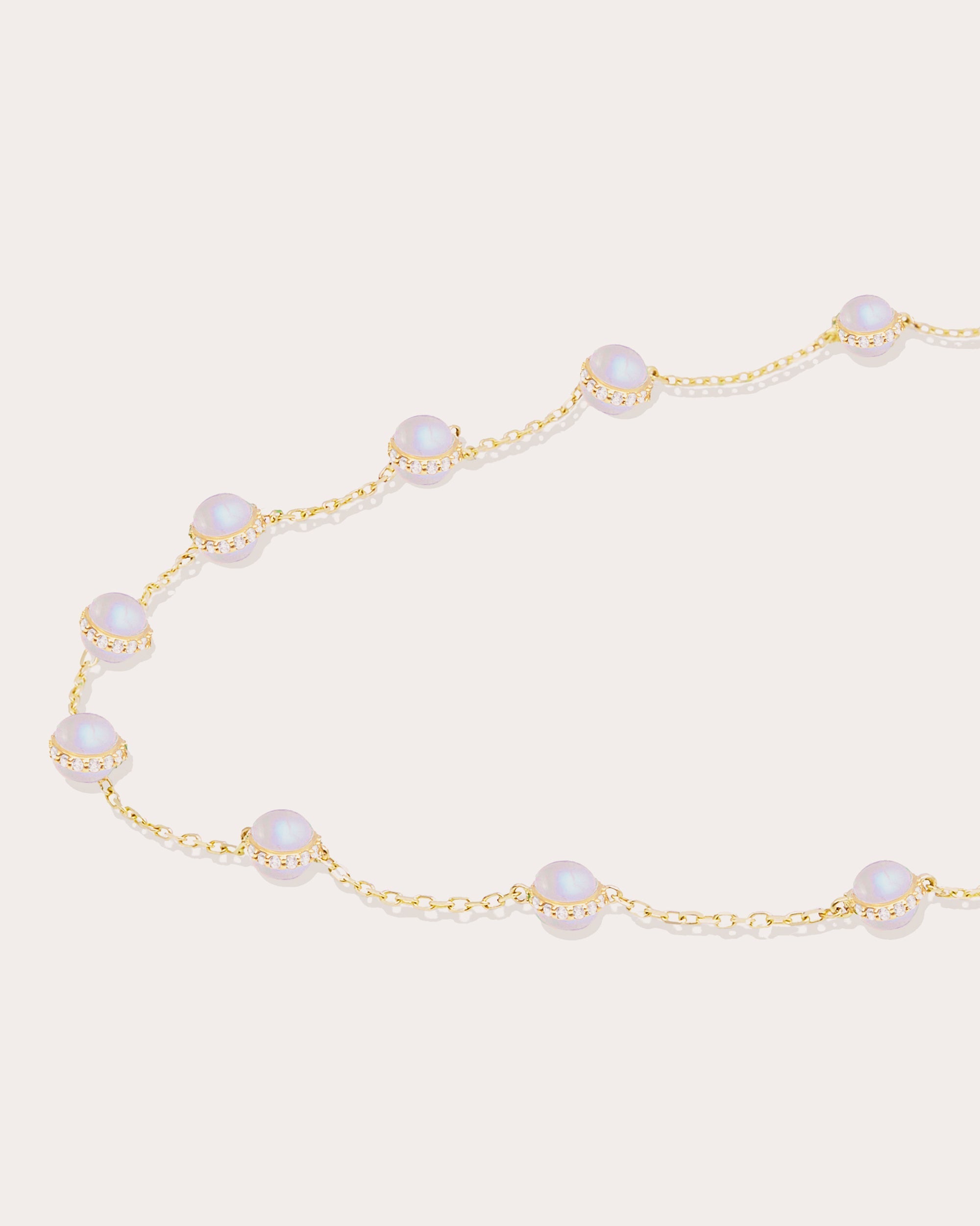 Found 14K Gold Moonstone and Diamond Cabochon Station Necklace