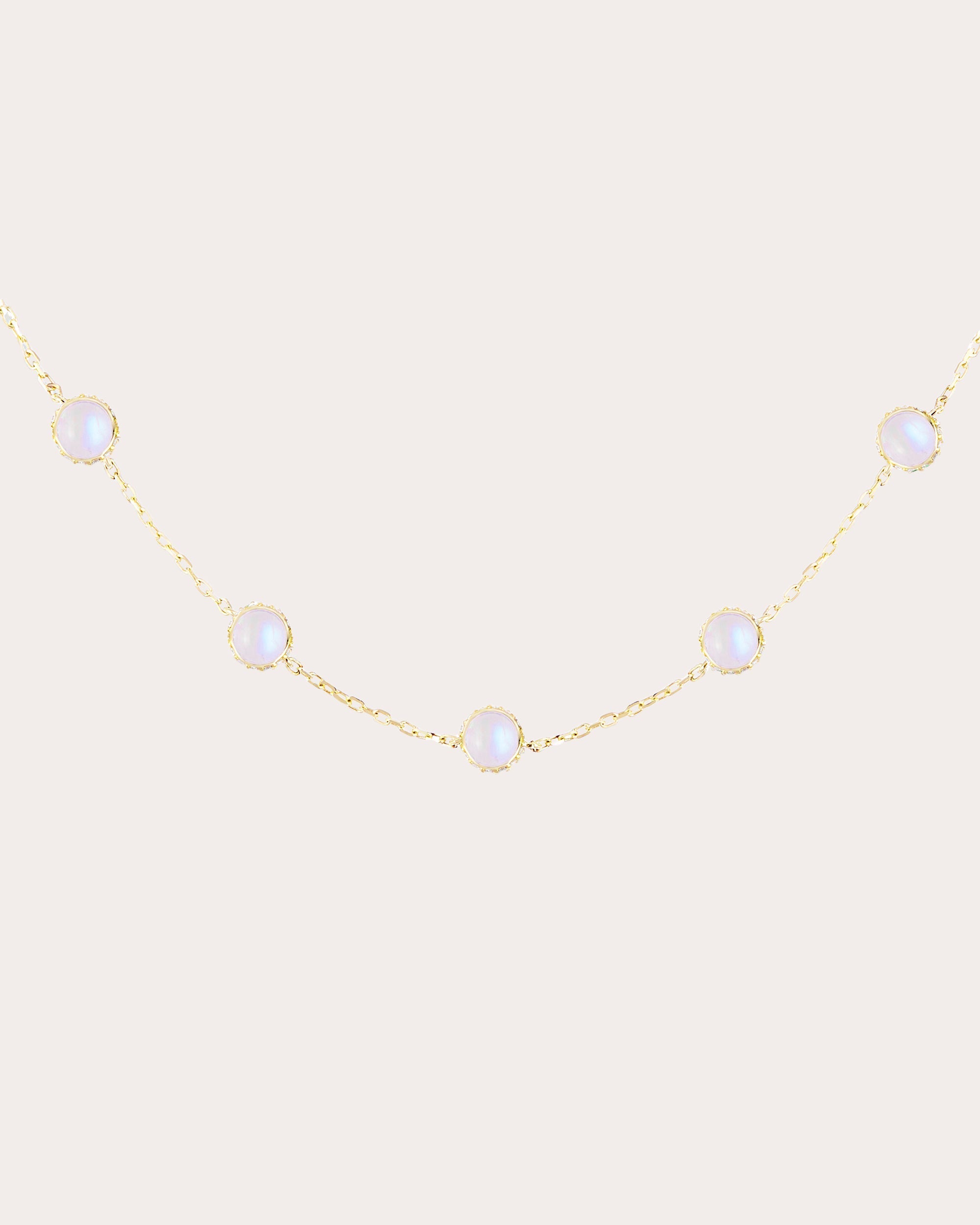 Found 14K Gold Moonstone and Diamond Cabochon Station Necklace
