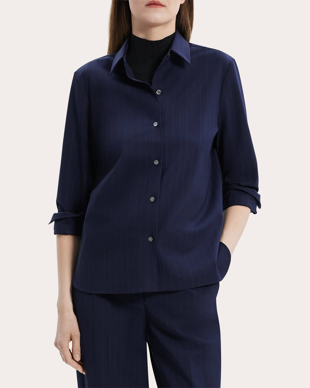Pinstriped Stretch-Wool Blouse