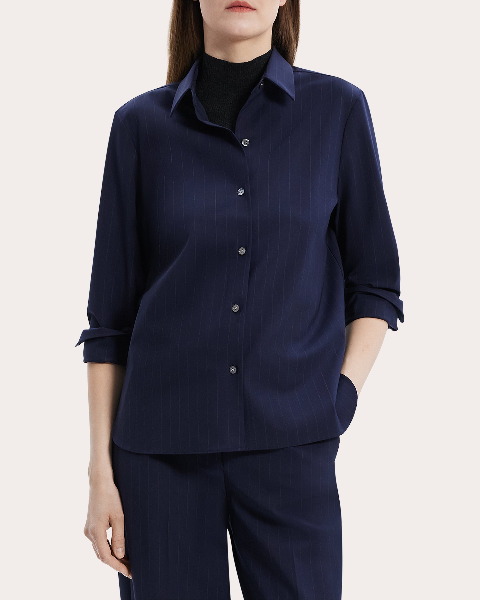 Pinstriped Stretch-Wool Blouse