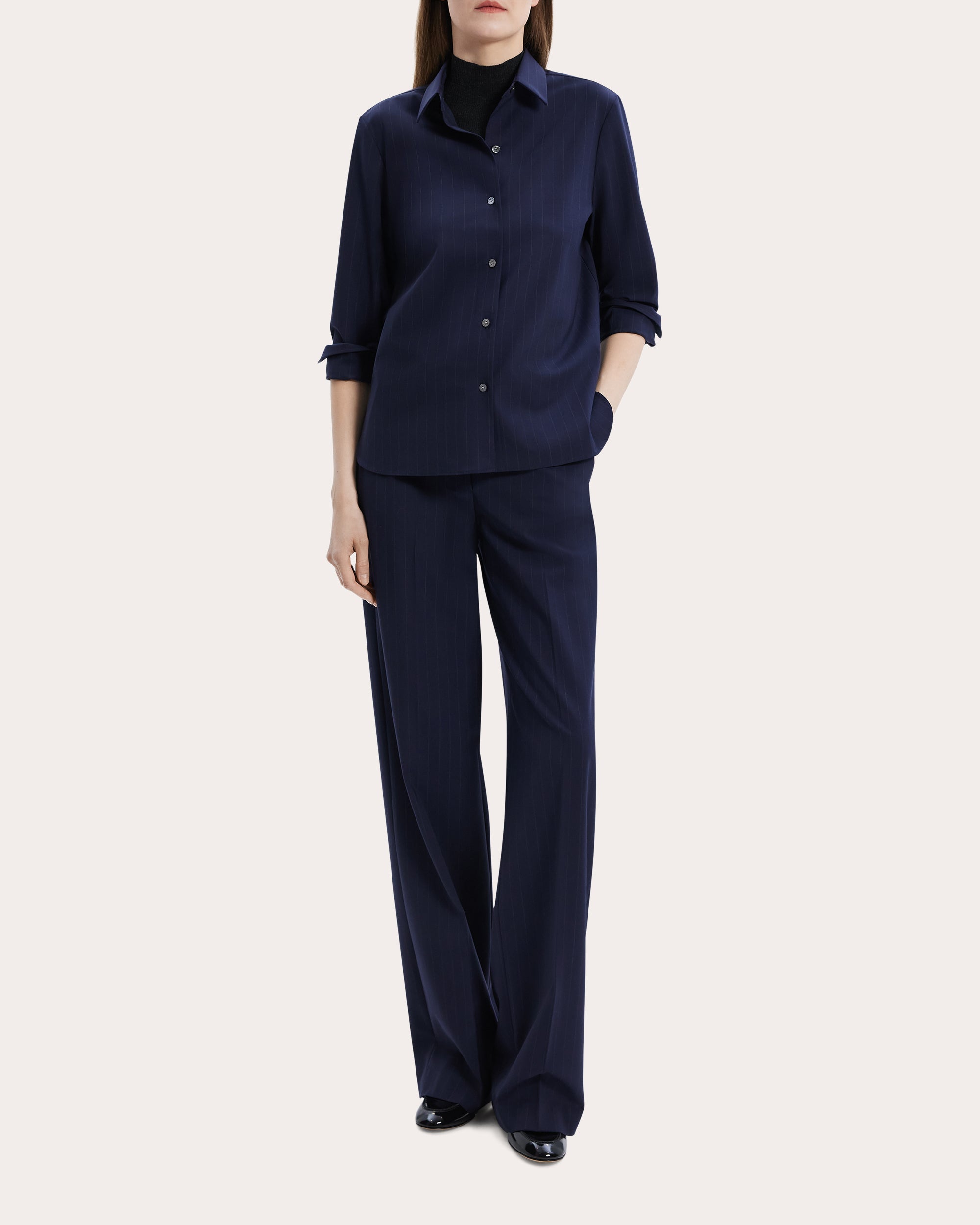 Pinstriped Stretch-Wool Blouse