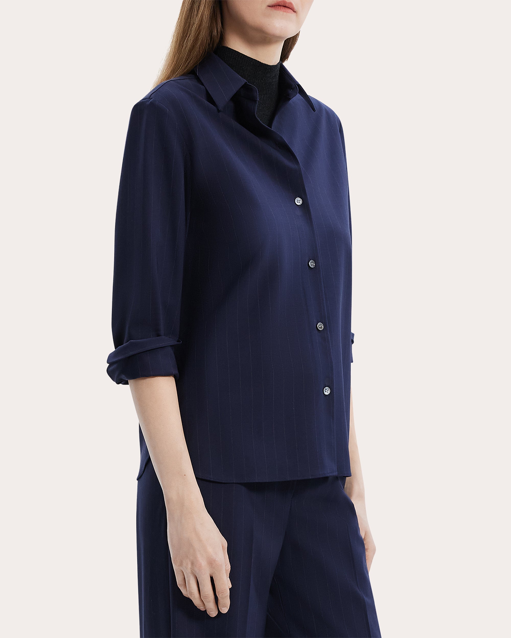 Pinstriped Stretch-Wool Blouse