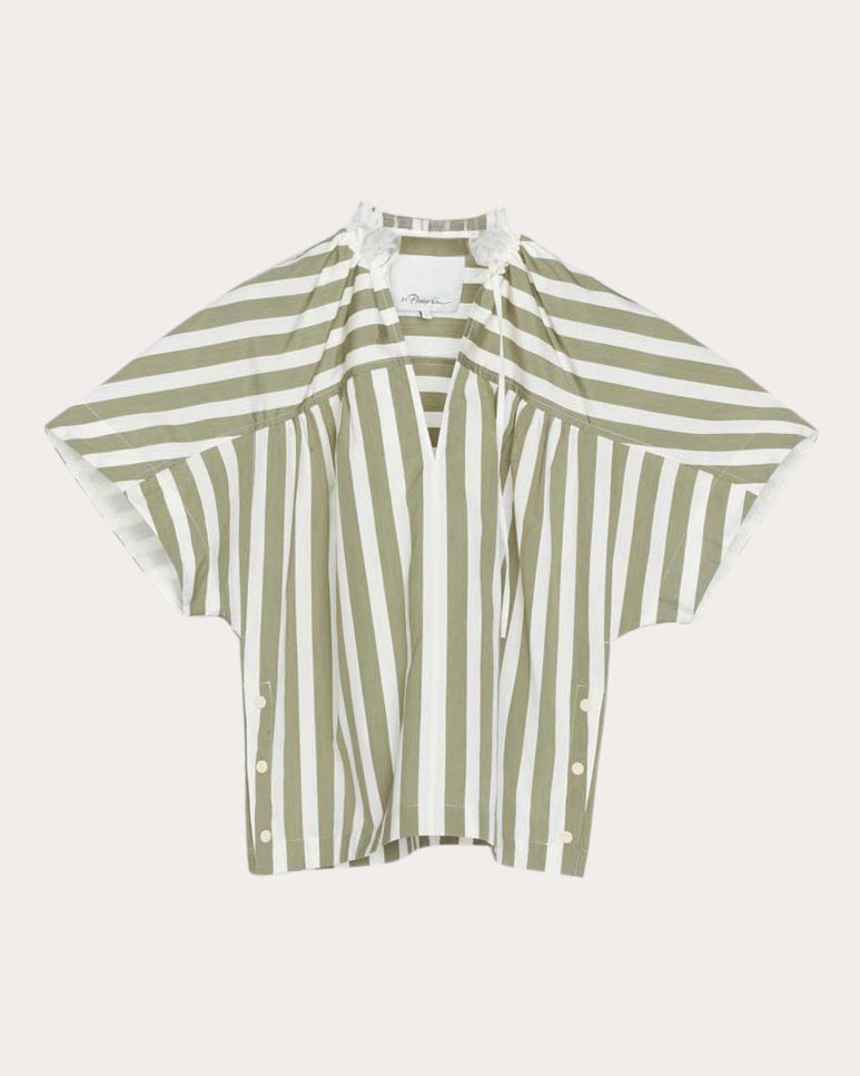 Striped Ruffle Trimmed Cotton-Silk Blend Top