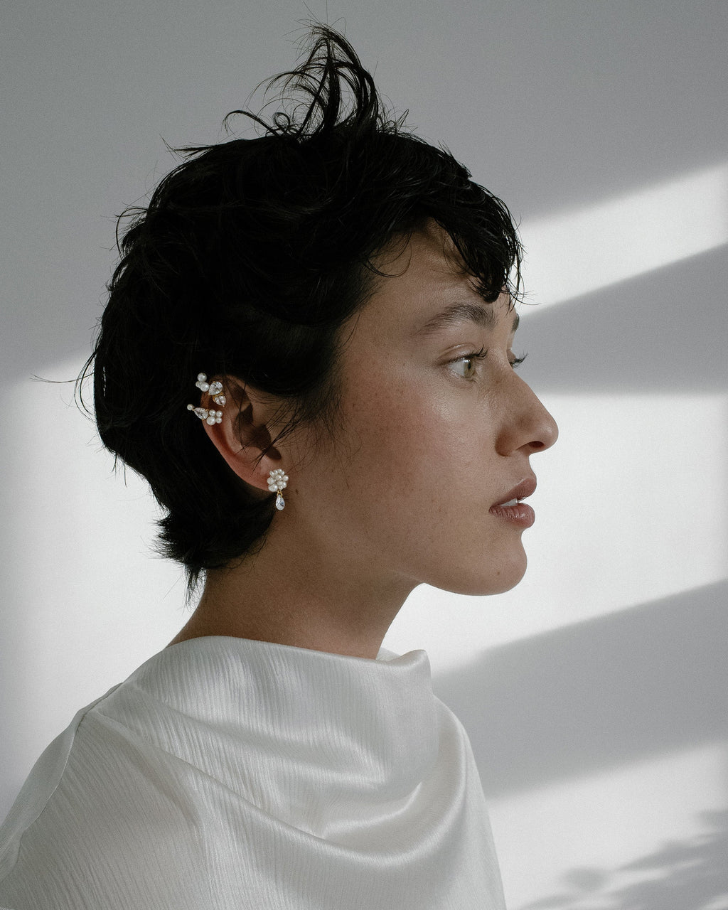 Chasing Shadows III 14K Gold-Plated Silver Pearl and Cubic Zirconia Single Ear Cuff