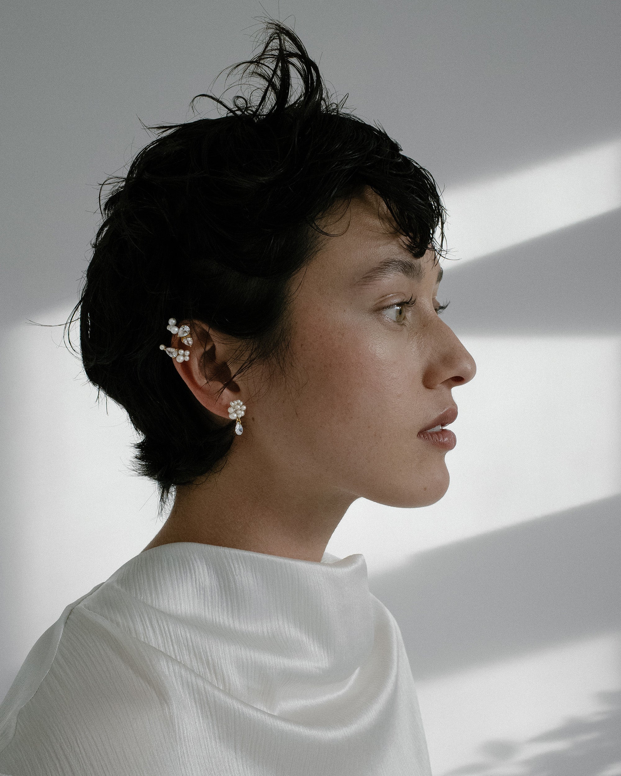 Chasing Shadows III 14K Gold-Plated Silver Pearl and Cubic Zirconia Single Ear Cuff