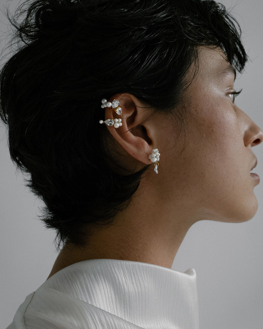 Chasing Shadows III 14K Gold-Plated Silver Pearl and Cubic Zirconia Single Ear Cuff