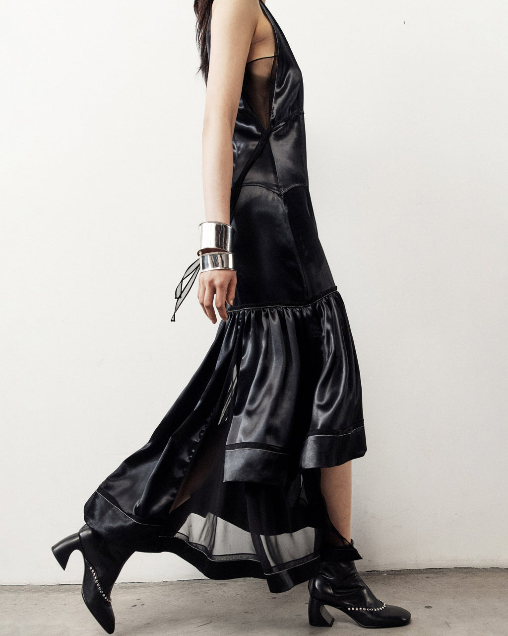 Layered Satin and Chiffon Midi Dress