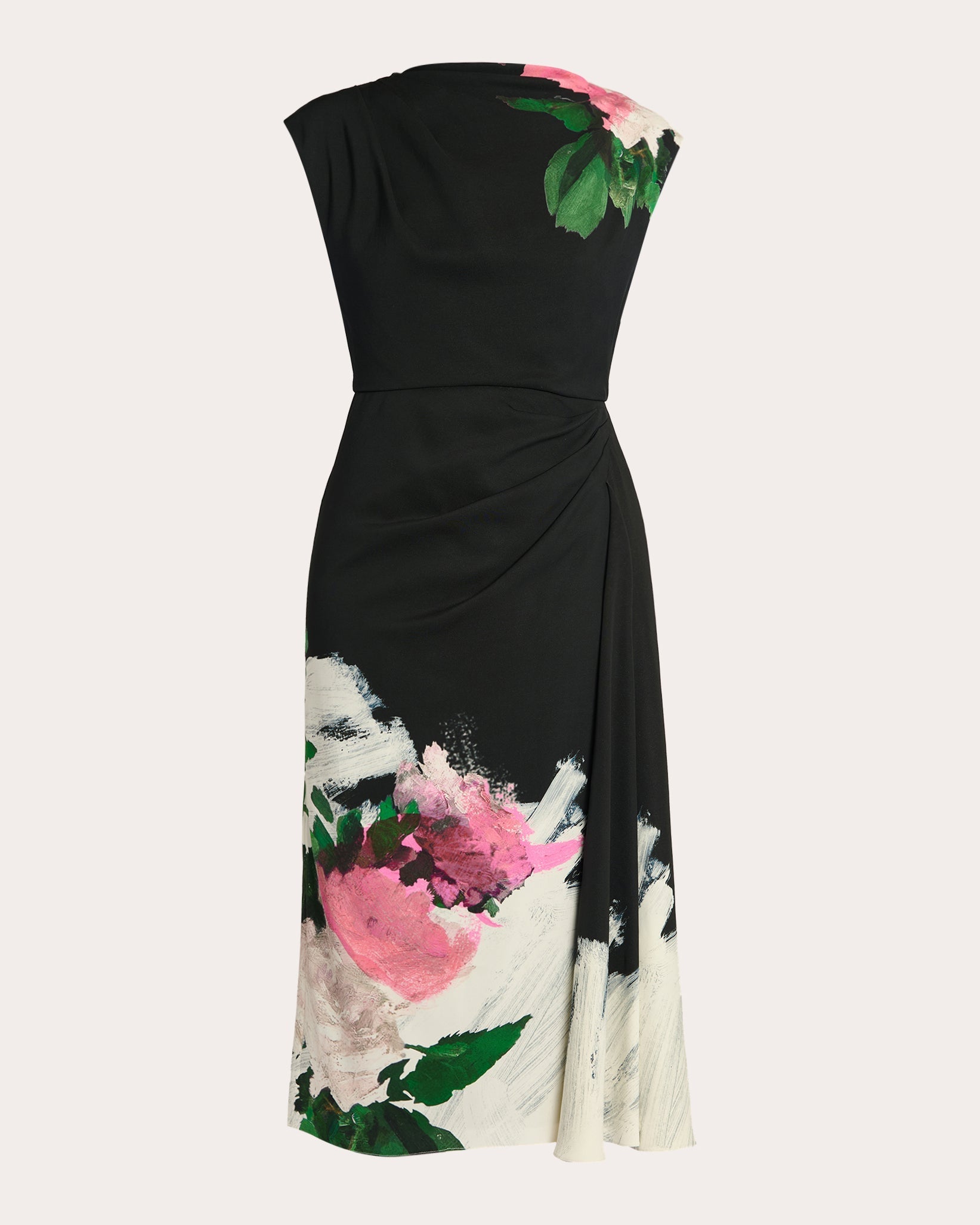 Gathered Floral-Print Stretch Cady Midi Dress