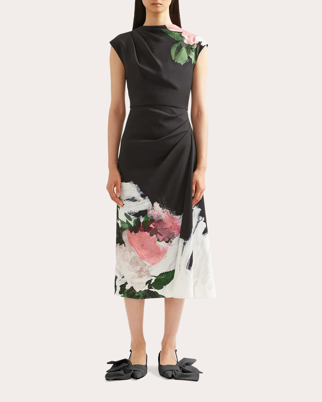 Gathered Floral-Print Stretch Cady Midi Dress