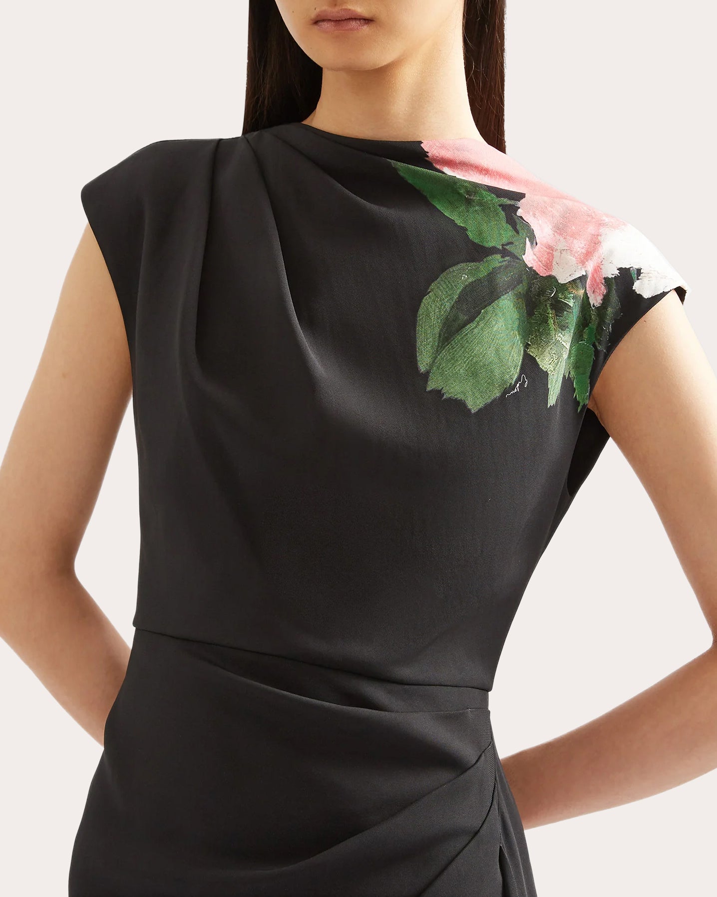 Gathered Floral-Print Stretch Cady Midi Dress