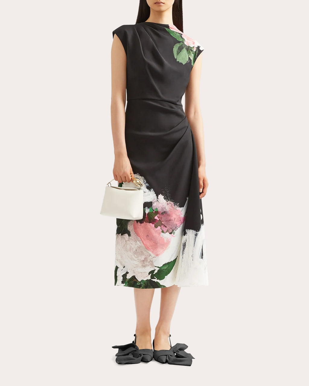 Gathered Floral-Print Stretch Cady Midi Dress