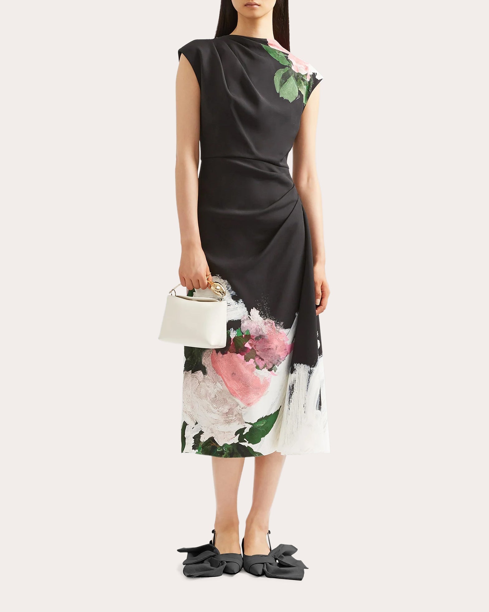 Gathered Floral-Print Stretch Cady Midi Dress