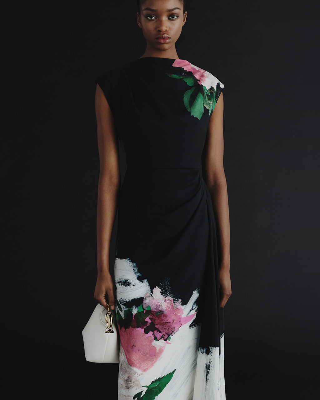 Gathered Floral-Print Stretch Cady Midi Dress