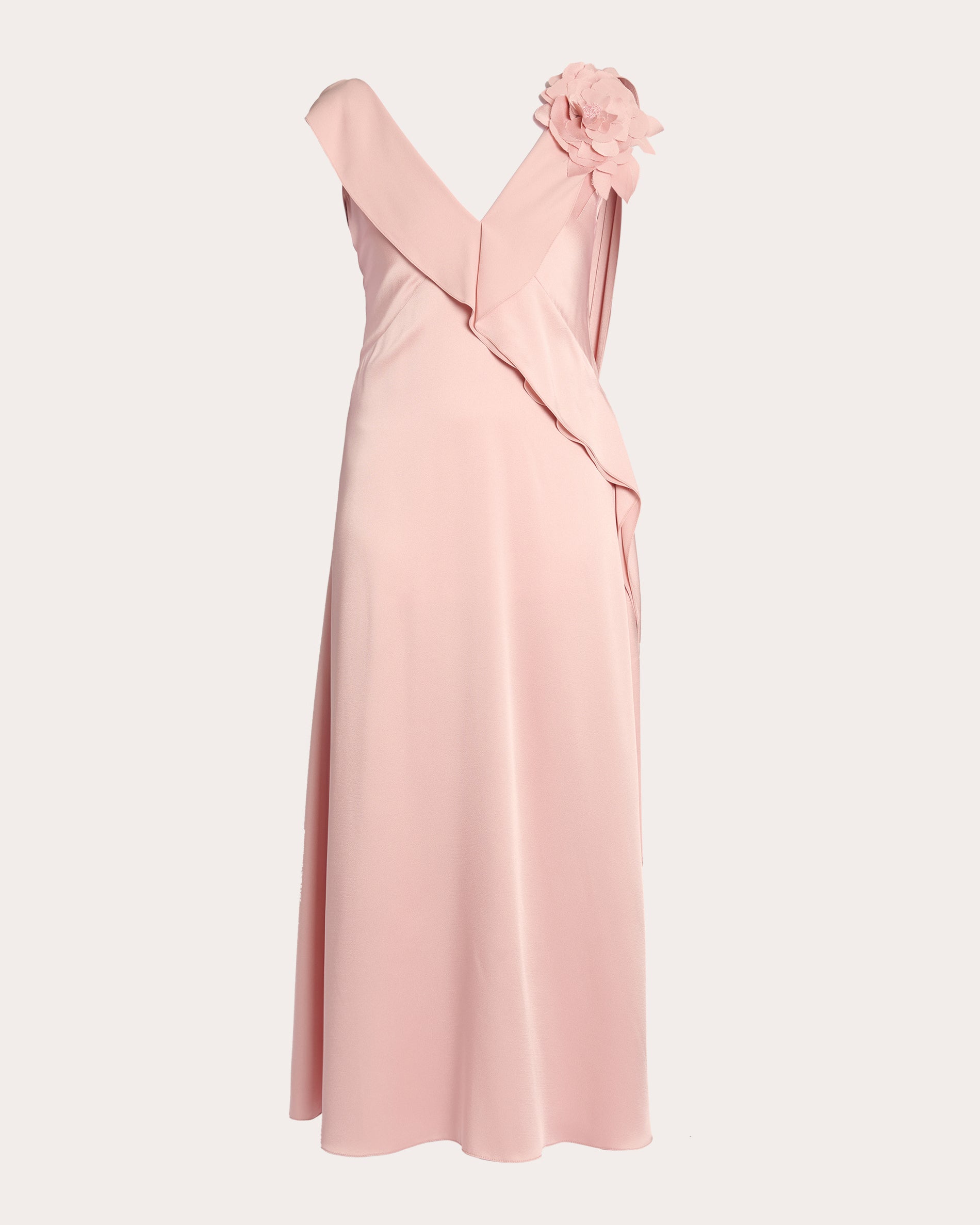 Draped Floral-Appliquéd Satin Midi Dress