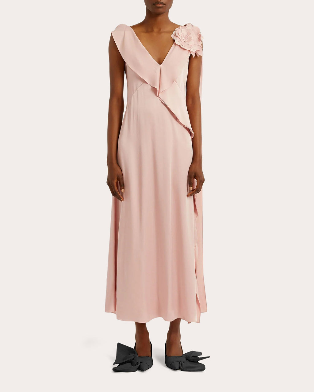 Draped Floral-Appliquéd Satin Midi Dress