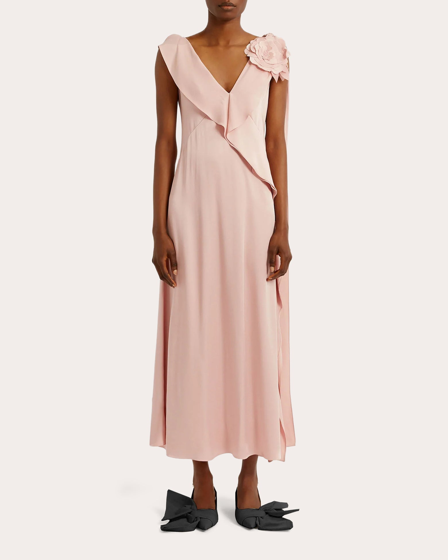Draped Floral-Appliquéd Satin Midi Dress