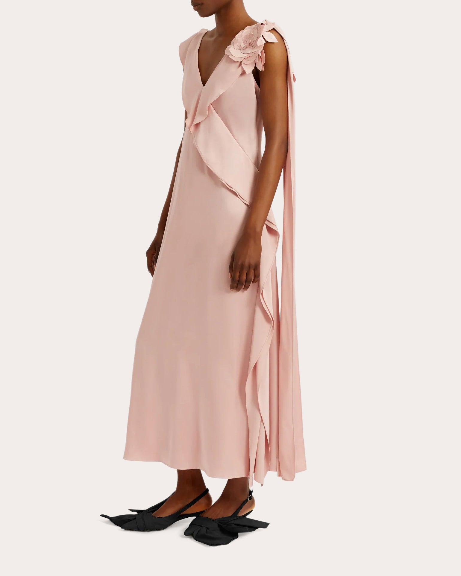Draped Floral-Appliquéd Satin Midi Dress