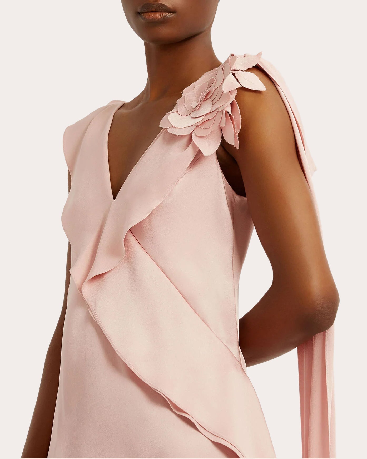 Draped Floral-Appliquéd Satin Midi Dress