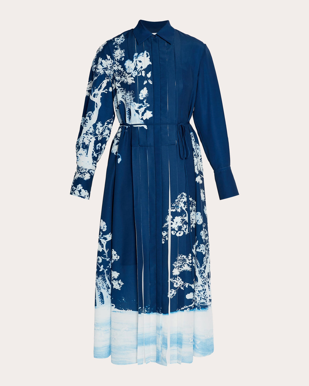 Pleated Floral-Print Midi Crepe Shirt Dress