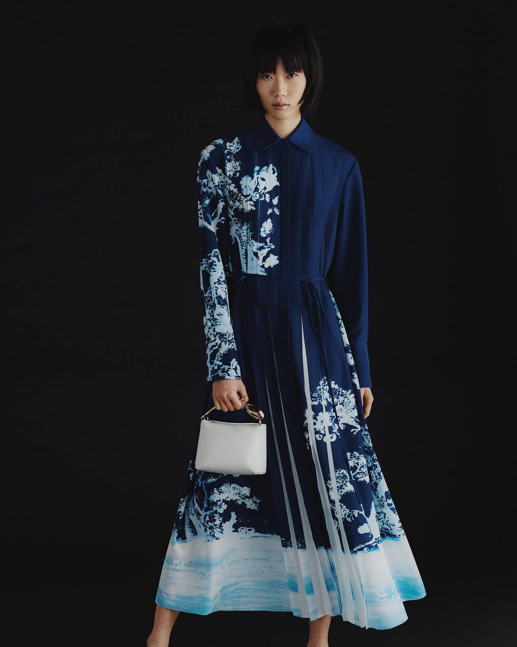 Pleated Floral-Print Midi Crepe Shirt Dress