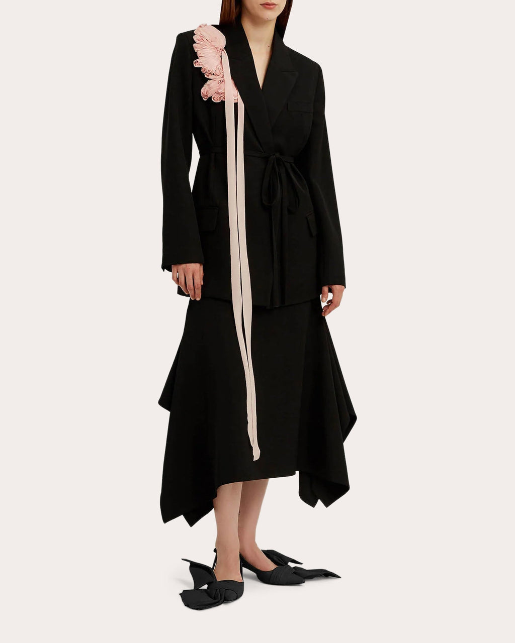 Belted Floral-Appliquéd Double-Breasted Wool Blazer