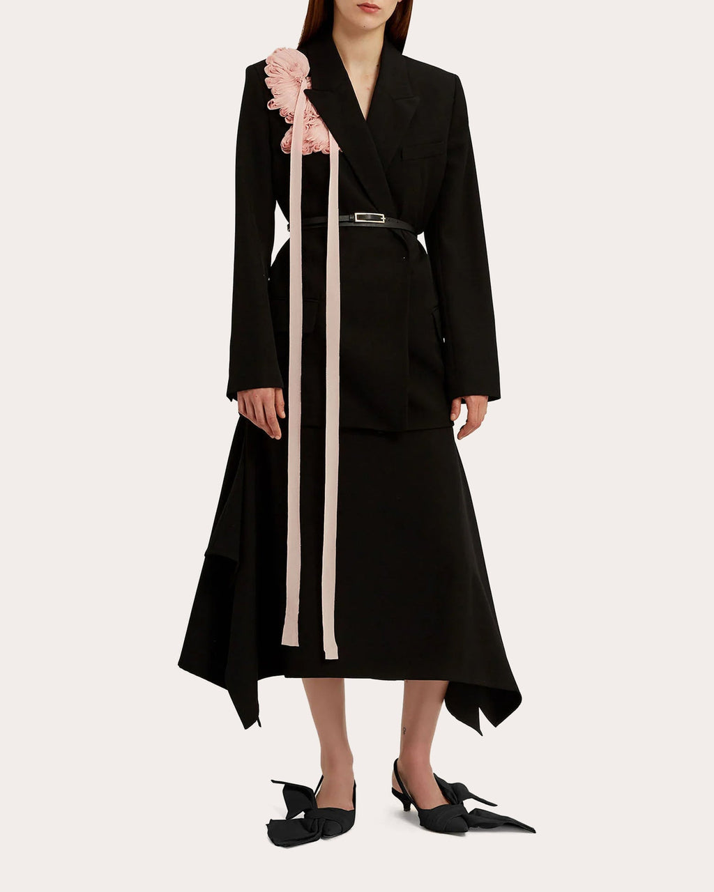 Belted Floral-Appliquéd Double-Breasted Wool Blazer