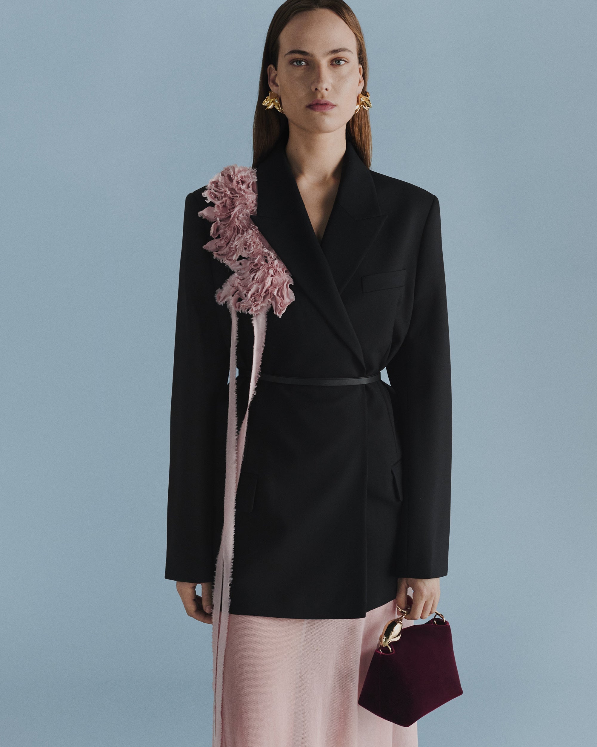 Belted Floral-Appliquéd Double-Breasted Wool Blazer