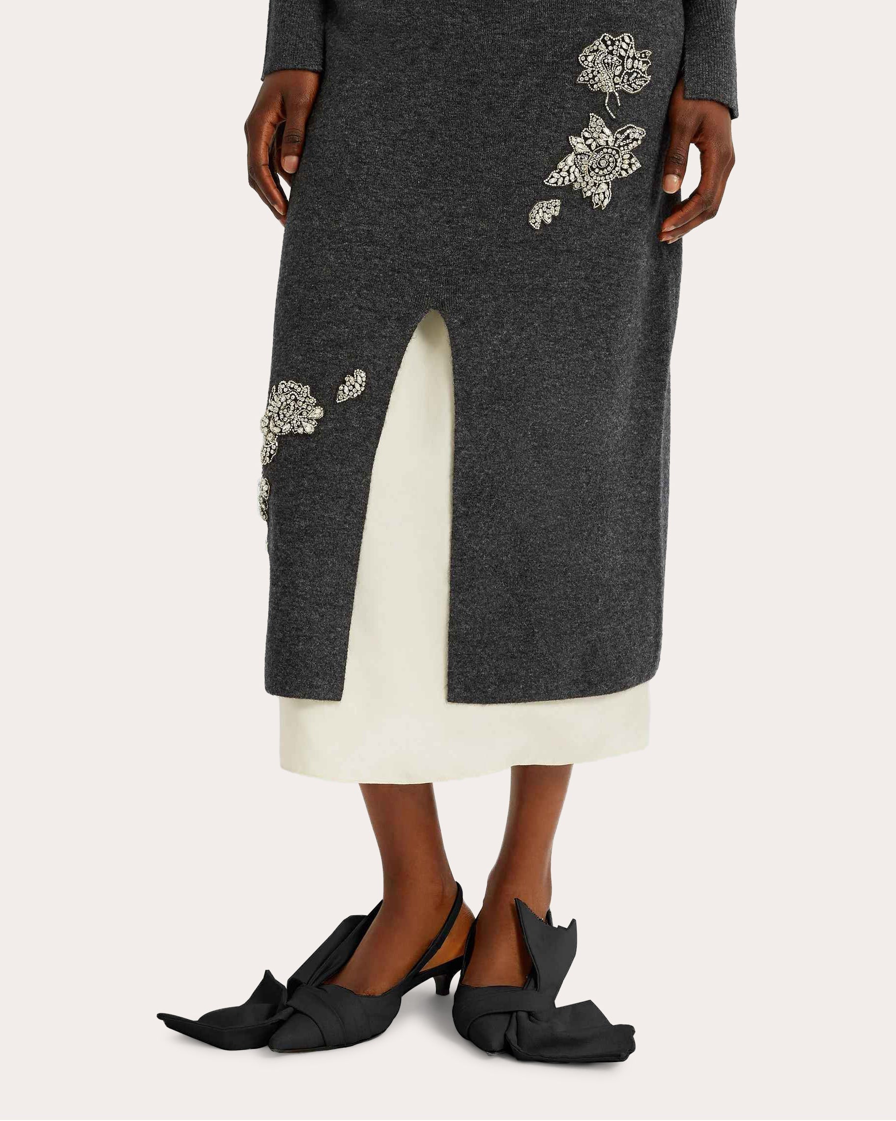 Crystal-Embellished Wool-Blend Midi Skirt