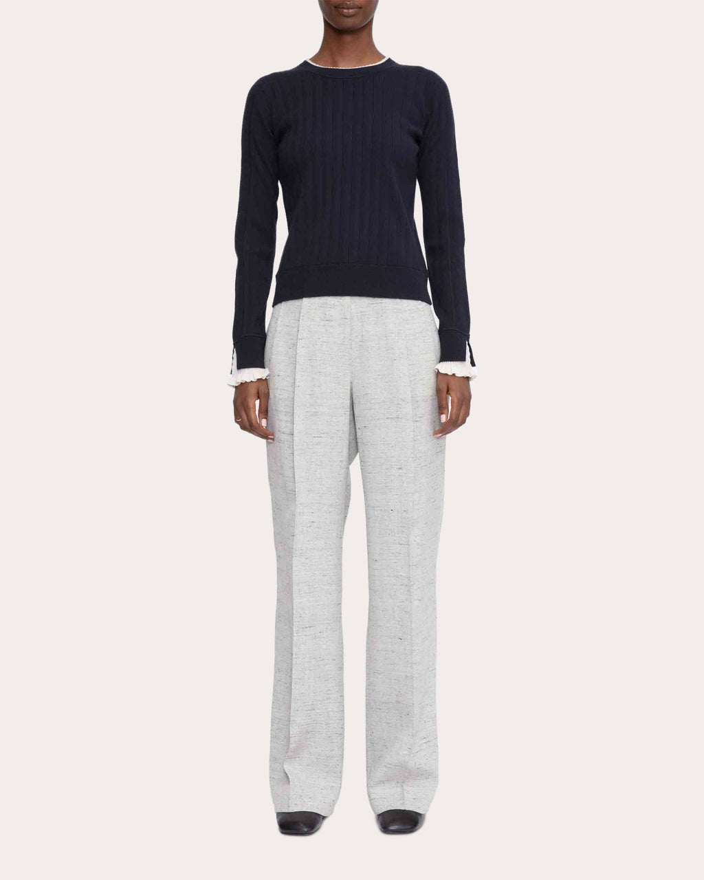 Ruffle-Trim Ribbed Jersey-Knit Sweater